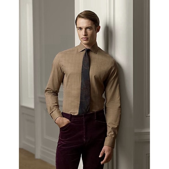 Ralph Lauren Purple Label Brushed Twill Shirt in Brown Glen Plaid Men Large NWT